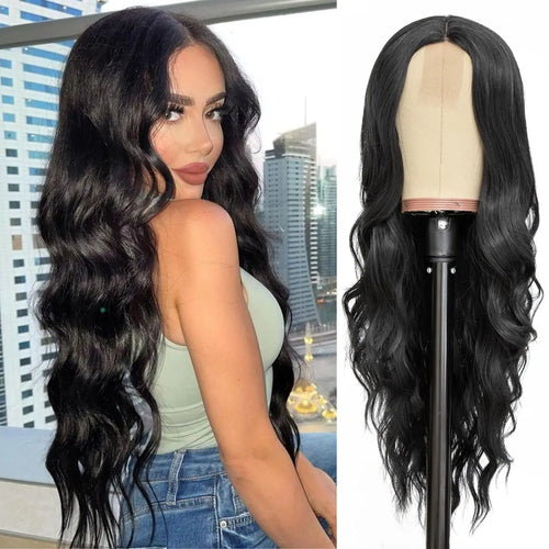alt="26 inch synthetic lace ombre blonde wavy wig middle part curly natural looking heat-resistant fiber for women"