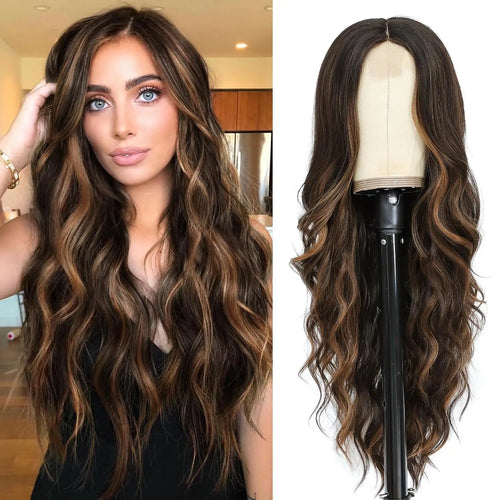 alt="26 inch synthetic lace ombre blonde wavy wig middle part curly natural looking heat-resistant fiber for women"