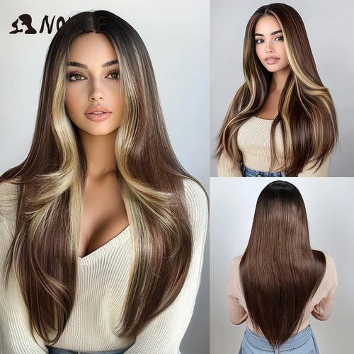 alt="Long straight lace wig 28 inch HD transparent 13x4 synthetic with baby hair"