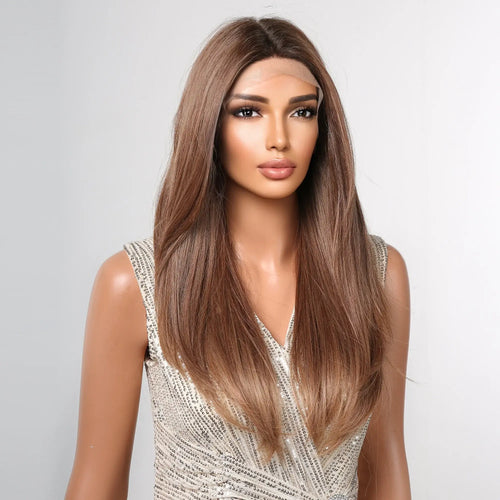 alt="Long loose curly deep wave lace front synthetic wig with middle part for women"