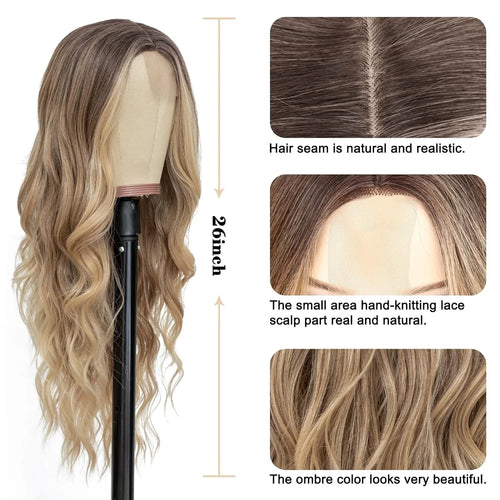 alt="26 inch synthetic lace ombre blonde wavy wig middle part curly natural looking heat-resistant fiber for women"