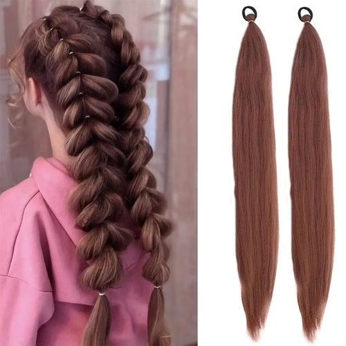 26Inch Synthetic Ponytail Extension with Elastic Tie Hair Band Long Yaki Straight Colored Braiding Ponytail Ombre Colors