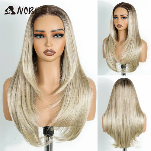 Noble Synthetic Lace Front Wig 24 Inch Straight Lace Wig Ombre Brown 6x4 Pre Plucked Pre Cut Wear and Go Glueless Wigs For Woman