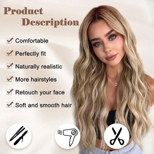 alt="26 inch synthetic lace ombre blonde wavy wig middle part curly natural looking heat-resistant fiber for women"