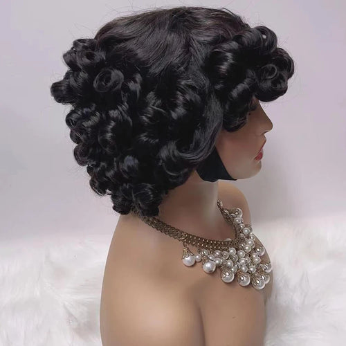 Short Curly Bob Wig – Highlight Blonde & Burgundy, Egg Curl Pixie Cut, Full Machine-Made Fringe for Women