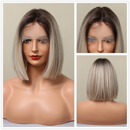 alt="CharmSource medium brown bob lace front synthetic wig short straight style for women"