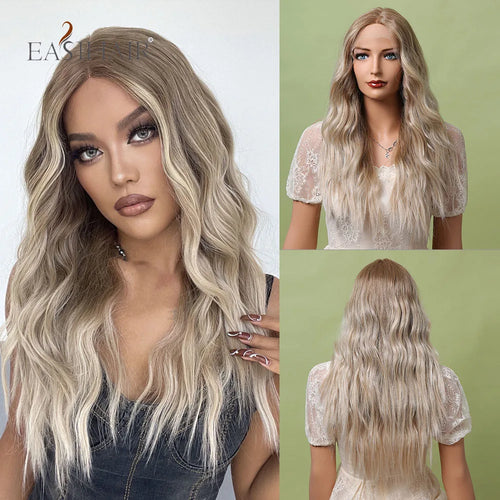 alt="EASIHAIR long blonde lace front synthetic wig natural wave with baby hair for women"