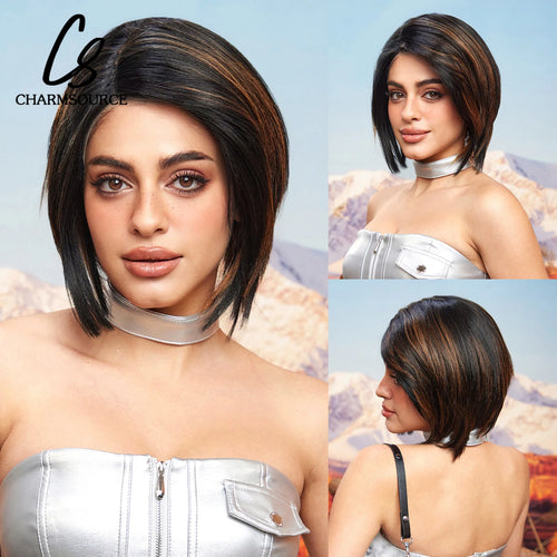 alt="CharmSource medium brown bob lace front synthetic wig short straight style for women"