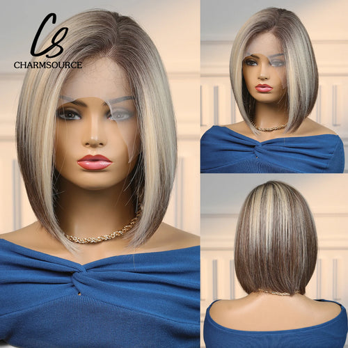 alt="CharmSource medium brown bob lace front synthetic wig short straight style for women"