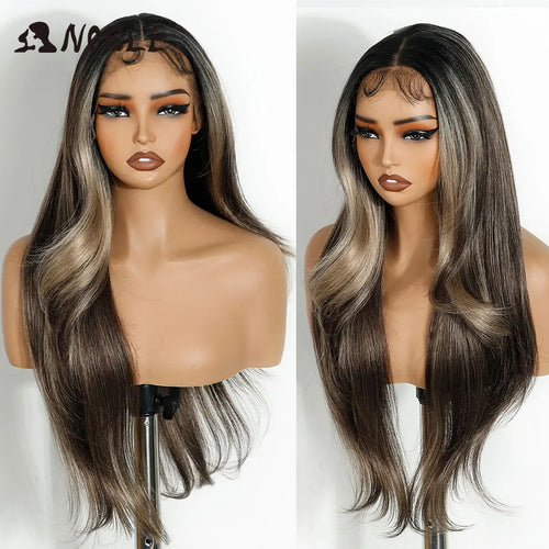 alt="Long straight lace wig 28 inch HD transparent 13x4 synthetic with baby hair"