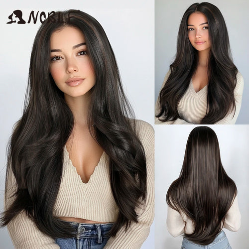 alt="Long straight lace wig 28 inch HD transparent 13x4 synthetic with baby hair"