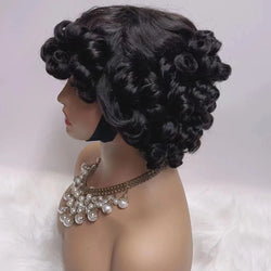 Short Curly Bob Wig – Highlight Blonde & Burgundy, Egg Curl Pixie Cut, Full Machine-Made Fringe for Women