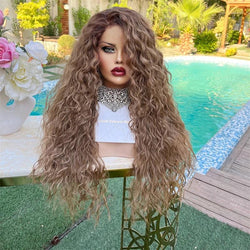 Synthetic Ombre Blonde–Brown Curly Wig – 28 Inch HD Lace Front
