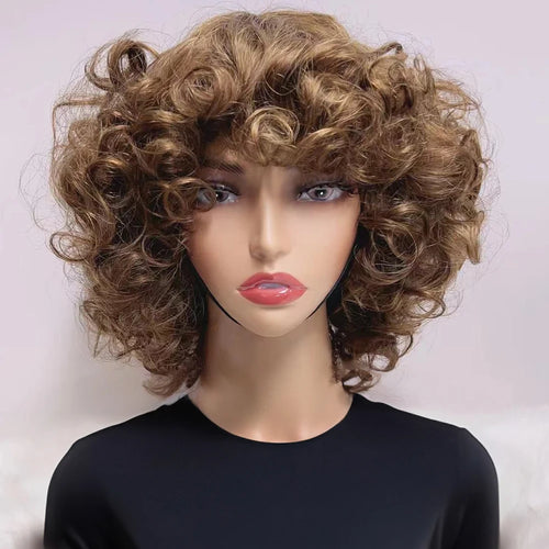 Short Curly Bob Wig – Highlight Blonde & Burgundy, Egg Curl Pixie Cut, Full Machine-Made Fringe for Women
