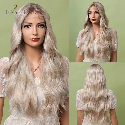 alt="EASIHAIR long blonde lace front synthetic wig natural wave with baby hair for women"