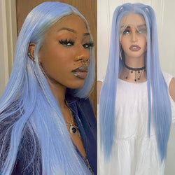 alt="Heat resistant sky blue synthetic wig long straight silky hair free part for women"