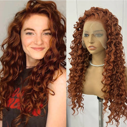 alt="Long loose curly deep wave lace front synthetic wig with middle part for women"