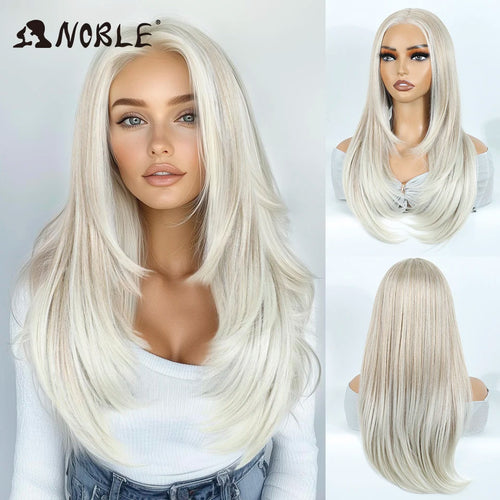 Noble Synthetic Lace Front Wig 24 Inch Straight Lace Wig Ombre Brown 6x4 Pre Plucked Pre Cut Wear and Go Glueless Wigs For Woman