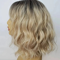 Short Bob Wig with Water Waves & Bangs – Ombre Ash Blonde HD Lace Front