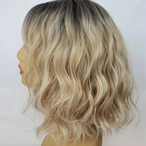 Short Bob Wig with Water Waves & Bangs – Ombre Ash Blonde HD Lace Front