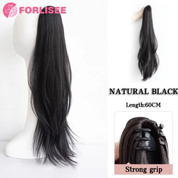 alt="FORLISEE synthetic grab clip ponytail extension 60cm natural black straight hairpiece"
