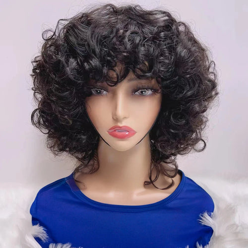 Short Curly Bob Wig – Highlight Blonde & Burgundy, Egg Curl Pixie Cut, Full Machine-Made Fringe for Women