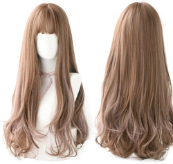 alt="7JHH long straight layered lolita wig with bangs in blue brown black ombre purple"
