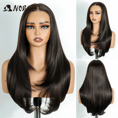 Noble Synthetic Lace Front Wig 24 Inch Straight Lace Wig Ombre Brown 6x4 Pre Plucked Pre Cut Wear and Go Glueless Wigs For Woman