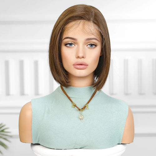 alt="CharmSource medium brown bob lace front synthetic wig short straight style for women"