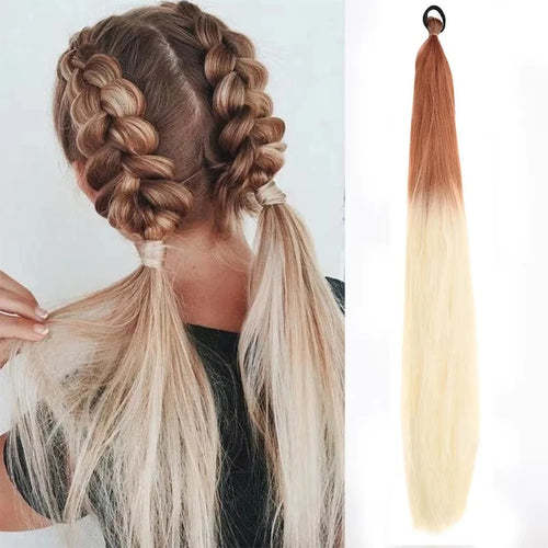 26Inch Synthetic Ponytail Extension with Elastic Tie Hair Band Long Yaki Straight Colored Braiding Ponytail Ombre Colors