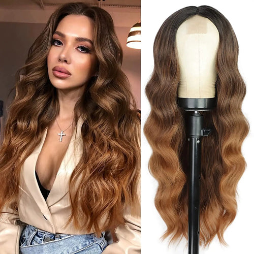 alt="26 inch synthetic lace ombre blonde wavy wig middle part curly natural looking heat-resistant fiber for women"