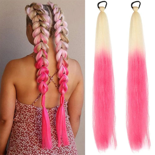 26Inch Synthetic Ponytail Extension with Elastic Tie Hair Band Long Yaki Straight Colored Braiding Ponytail Ombre Colors