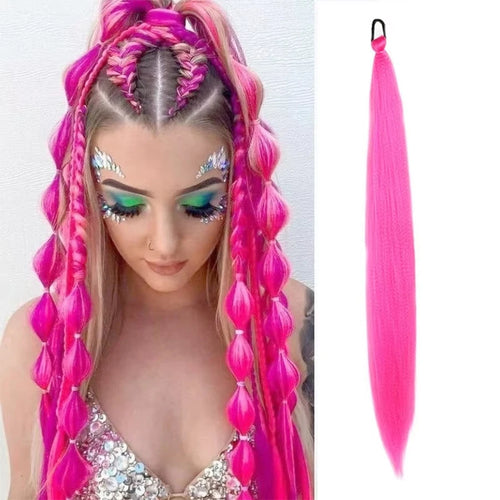 26Inch Synthetic Ponytail Extension with Elastic Tie Hair Band Long Yaki Straight Colored Braiding Ponytail Ombre Colors