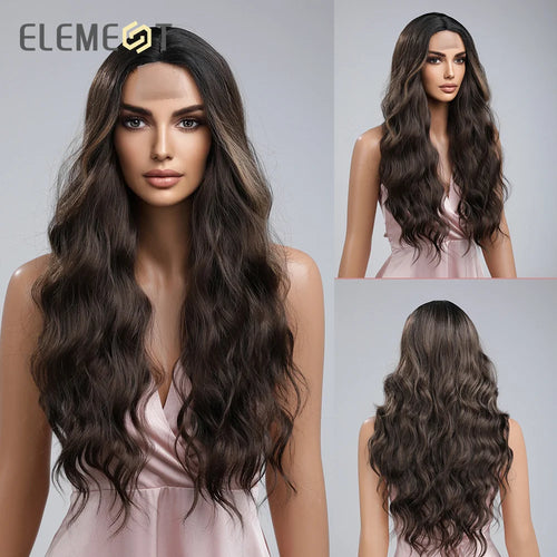 alt="ELEMENT elegant part front lace synthetic wig long curly wavy ombre white blonde hair for women daily party"
