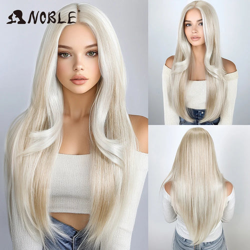 alt="Long straight lace wig 28 inch HD transparent 13x4 synthetic with baby hair"