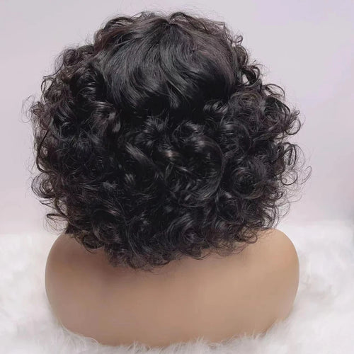 Short Curly Bob Wig – Highlight Blonde & Burgundy, Egg Curl Pixie Cut, Full Machine-Made Fringe for Women