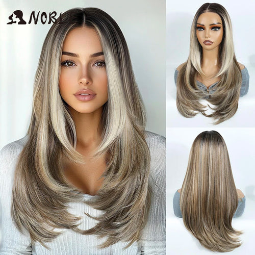Noble Synthetic Lace Front Wig 24 Inch Straight Lace Wig Ombre Brown 6x4 Pre Plucked Pre Cut Wear and Go Glueless Wigs For Woman