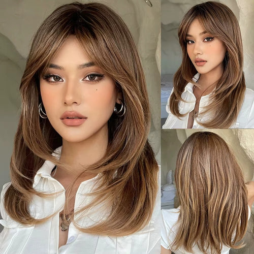 Long Straight Synthetic Wig with Bangs – Ombre Brown