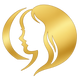 Gold logo of a stylized face with flowing hair on a white background