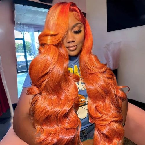 Ginger Orange Body Wave Human Hair Lace Front Wig – HD Transparent Lace, Long Length, 200% Density