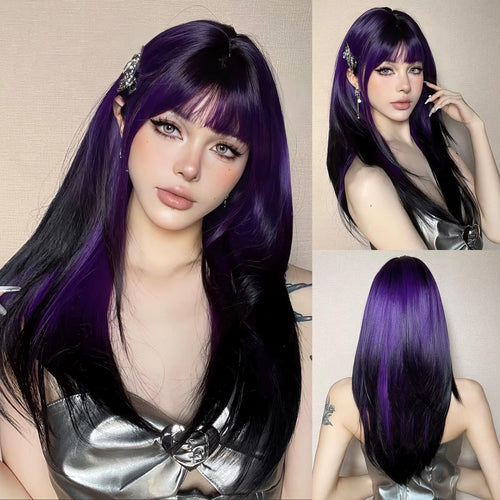 Long Straight Synthetic Wig with Bangs – Ombre Brown