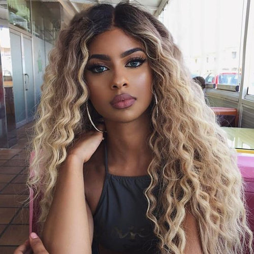 FREEDOM Curly Synthetic Lace Front Wig – 30 Inch Ombre Blonde with Ginger Highlights