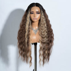 FREEDOM Curly Synthetic Lace Front Wig – 30 Inch Ombre Blonde with Ginger Highlights