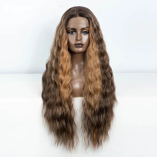 FREEDOM Curly Synthetic Lace Front Wig – 30 Inch Ombre Blonde with Ginger Highlights