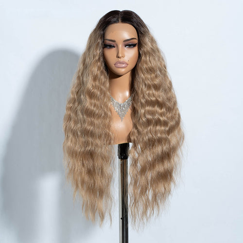 FREEDOM Curly Synthetic Lace Front Wig – 30 Inch Ombre Blonde with Ginger Highlights