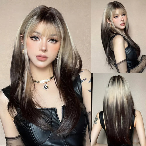 Long Straight Synthetic Wig with Bangs – Ombre Brown