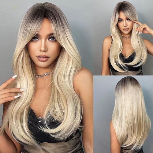 Perruque Synthétique Longue et Lisse avec Frange – Ombré Brun Blond