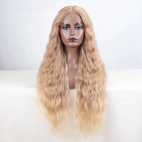 FREEDOM Curly Synthetic Lace Front Wig – 30 Inch Ombre Blonde with Ginger Highlights