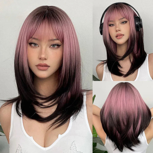 Long Straight Synthetic Wig with Bangs – Ombre Brown