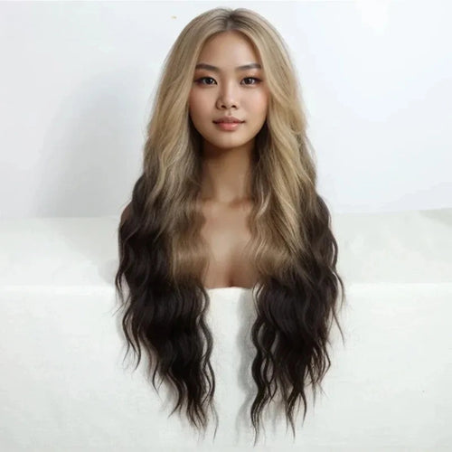 FREEDOM Curly Synthetic Lace Front Wig – 30 Inch Ombre Blonde with Ginger Highlights